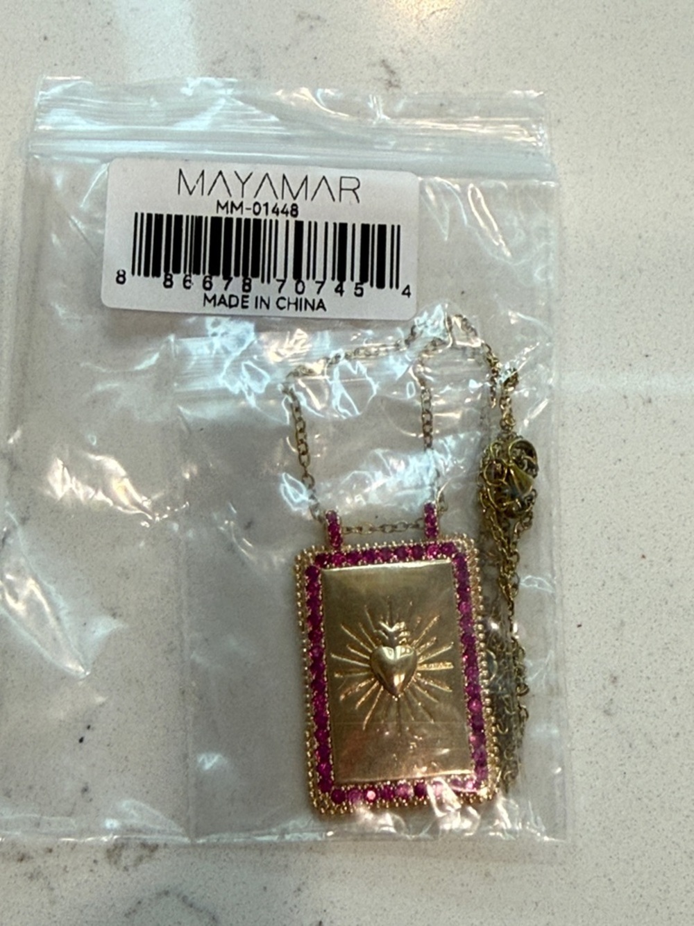 Mayamar Gold & Pink Sunburst Rectangular Pendant Necklace